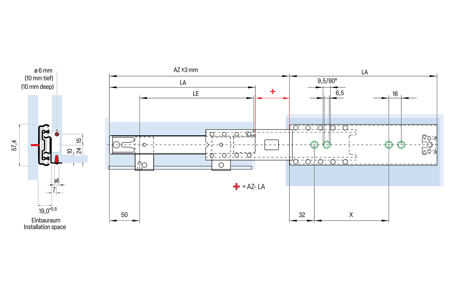 Telescopic slide over-extension 038 | up to 100 kg | insertion pins | Schock telescopic slides - Image 2